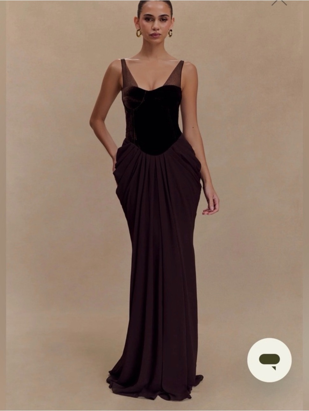 Meshki Roxanne Brown Chocolate Elegant Evening Gown with Draped Skirt